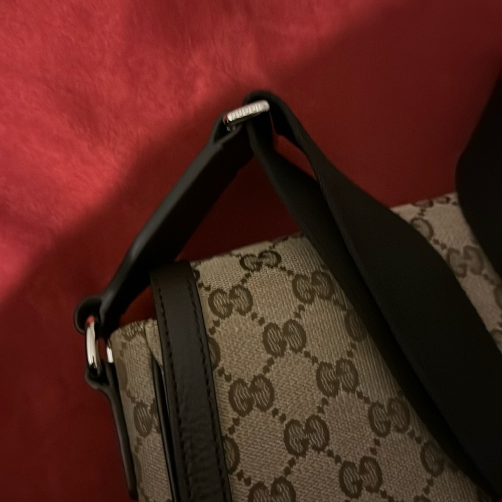 Gucci Beige & Chocolate Crossbody Messenger Bag with silver hardware.